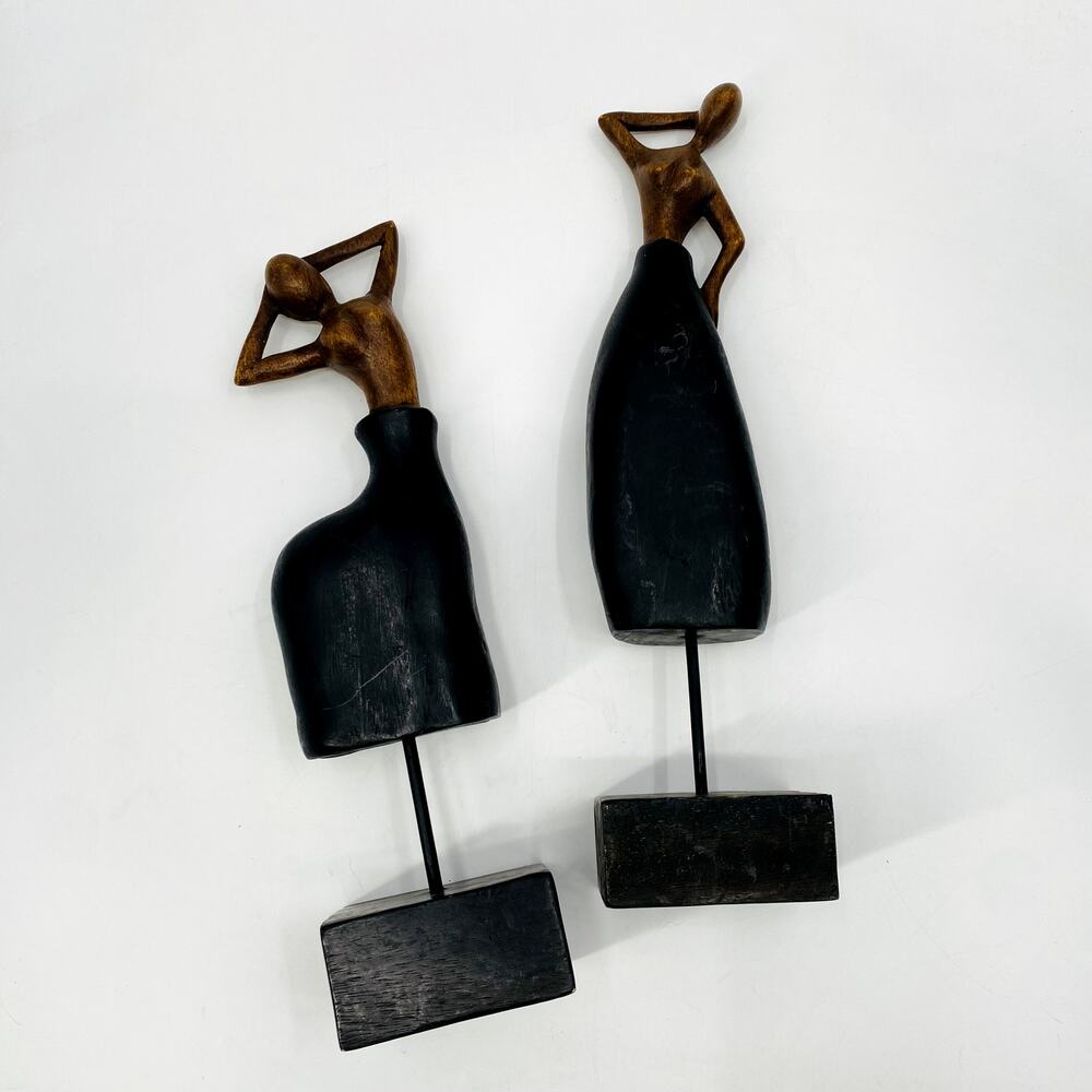 Mid-Century Modern Wood Sculpture Woman in Black Dress
